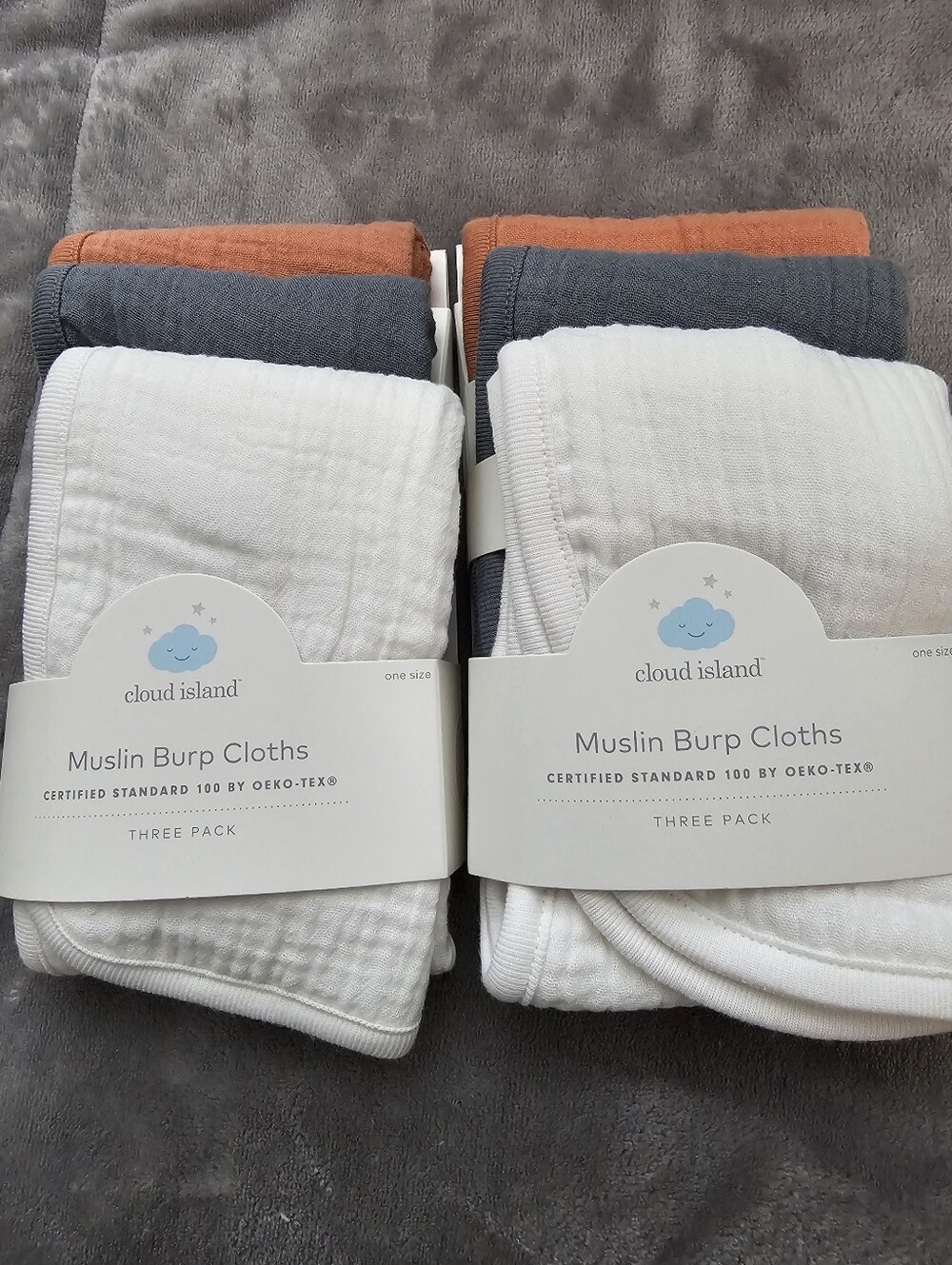cloud island Muslin Burp Cloths - White, Charcoal, Rust 2 Packs Of 3. New